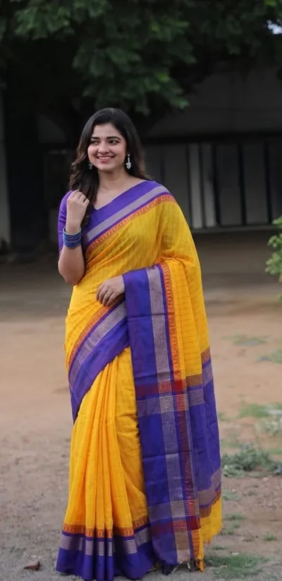 Korvai Border Silk Cotton Saree with Chit Line Pallu